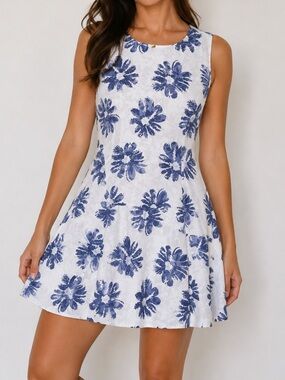 Tommy Hilfiger Floral Fit Flare Dress Blue White Sleeveless Summer A Line Boho